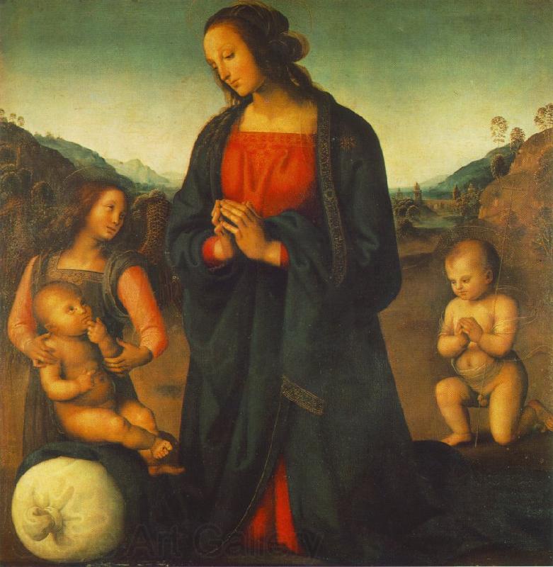 PERUGINO, Pietro Madonna, an Angel and Little St John Adoring the Child (Madonna del sacco) R Germany oil painting art